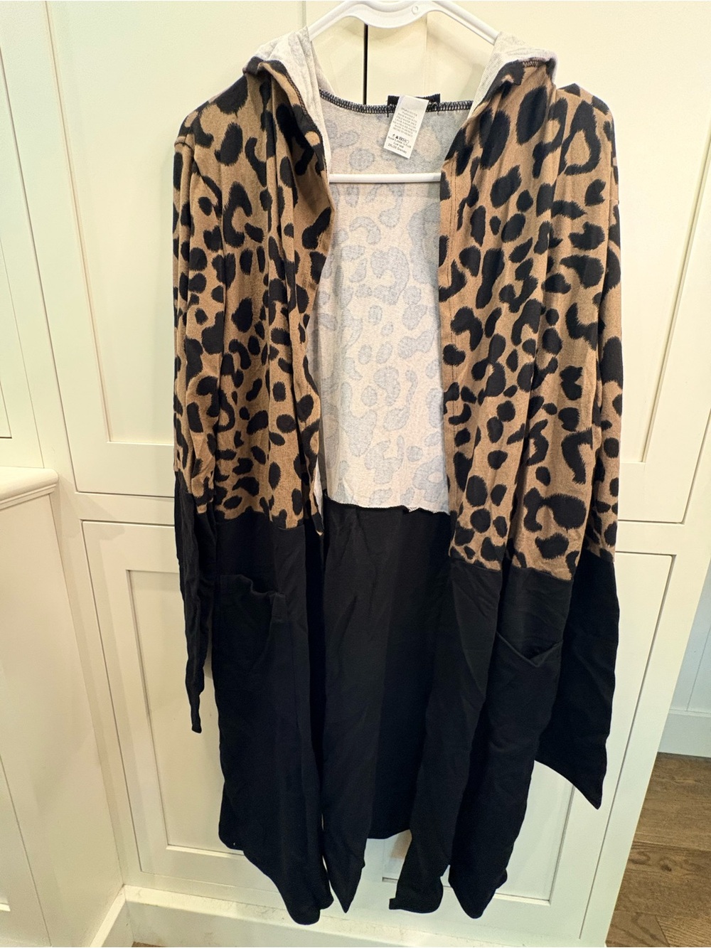 Leopard Print Hooded Open Cardigan Jacket - Black/Tan